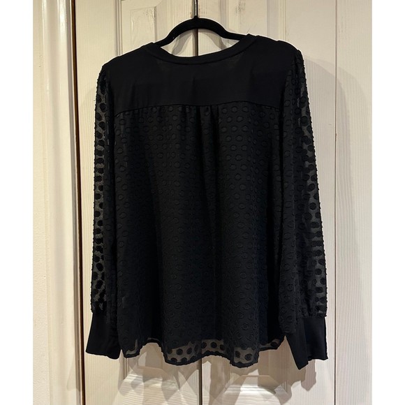 Skies Are Blue Black Knit Clip Dot Sheer Back Chiffon Sleeves Button Cuff Blouse - Picture 9 of 12